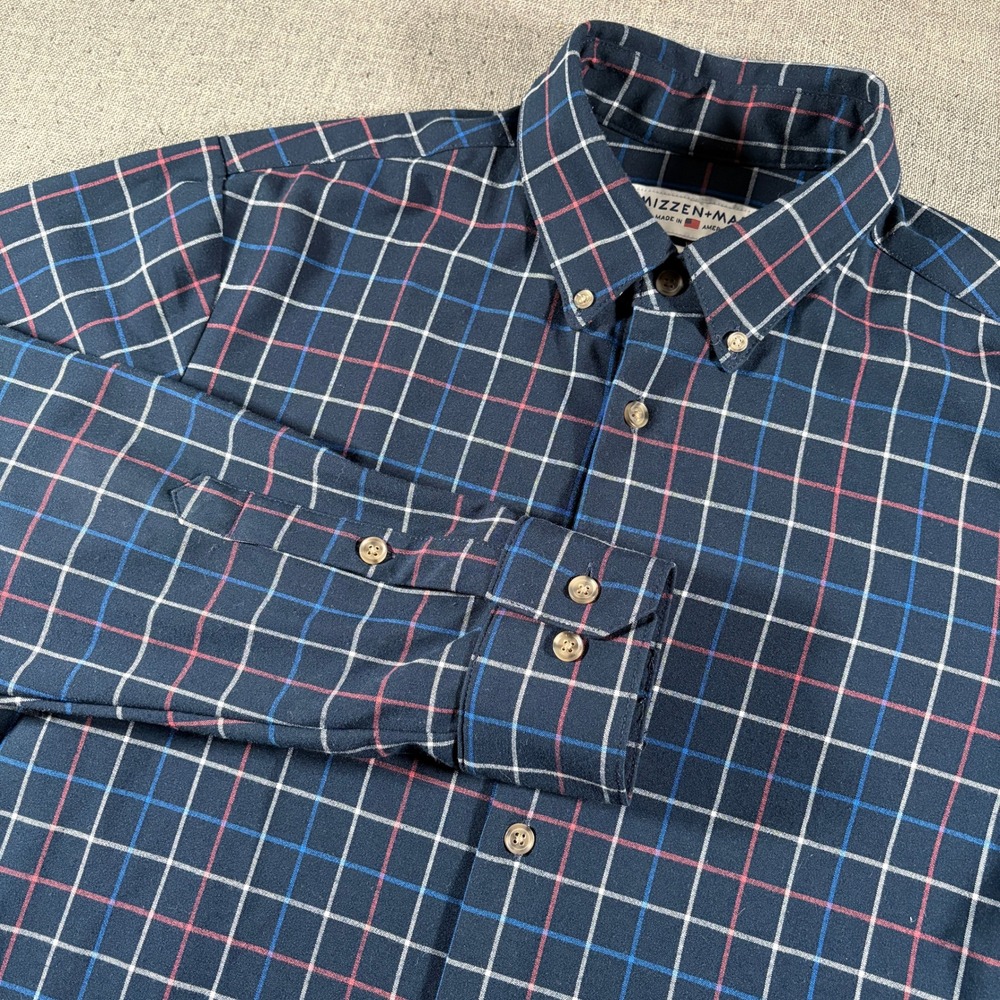 Mizzen+Main Button Down Shirt Mens Large Navy Blue Plaid Trim Fit‎ Performance